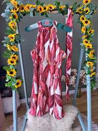Sukienka damska pod szyje we wzory Rozkloszowana wiązana w pasie wesel