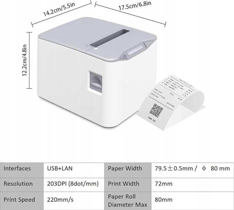 Drukarka Pokwitowań Termiczna 80mm USB+LAN Szybka Sklep Restauracja