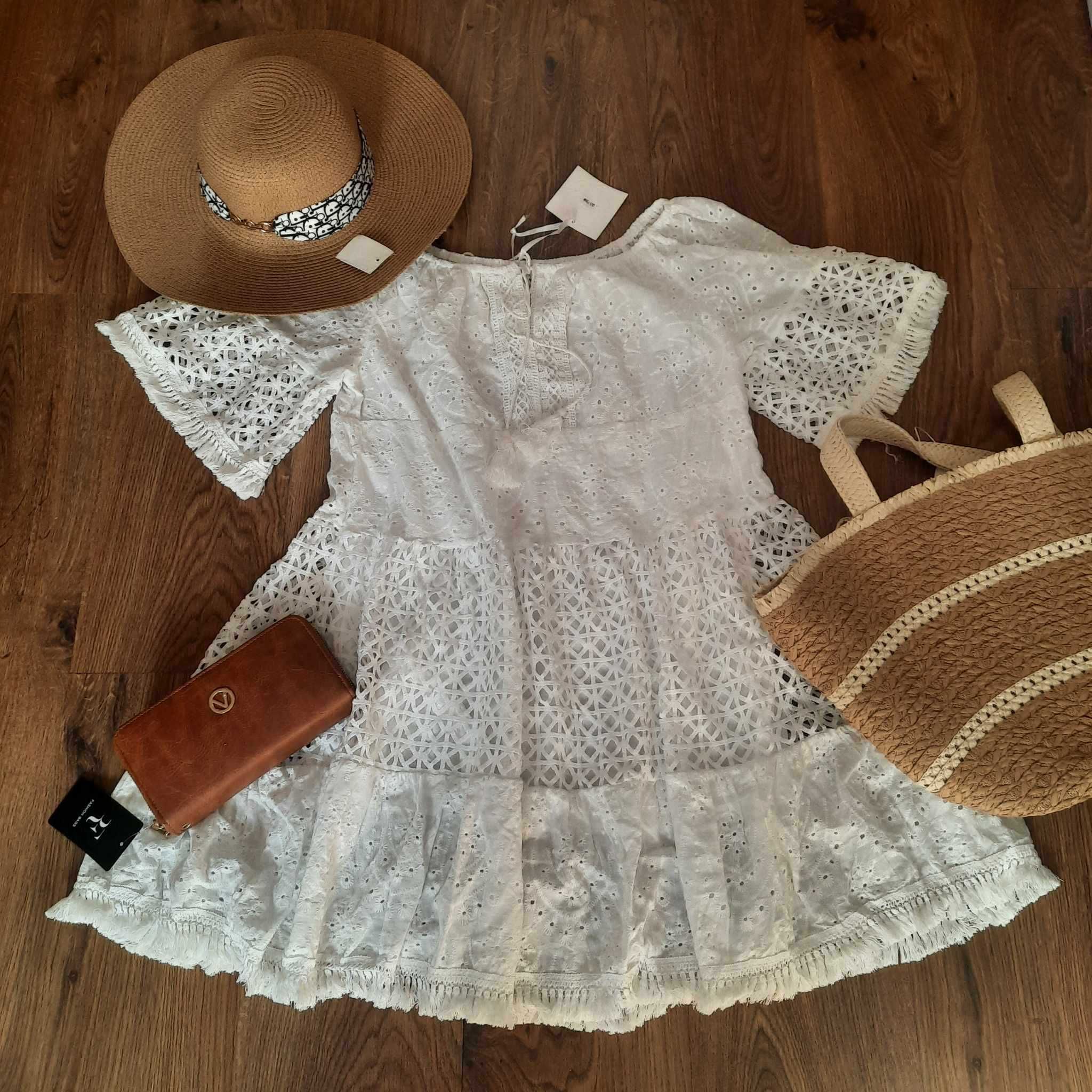 Piękna sukienka na lato boho biel L/XL gipiura koronka, jakość premium