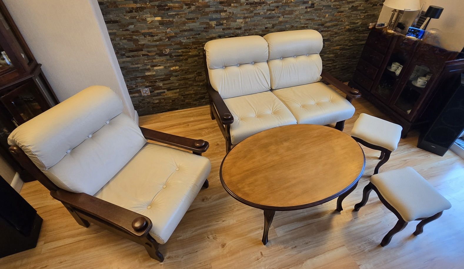 Komplet mebli do salonu 5 elementów skóra naturalna drewno