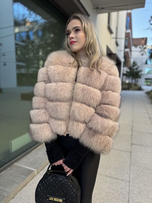 Futro naturalne z lisa pudrowy róż s 36 Mega gęste 2 w 1 krótkie