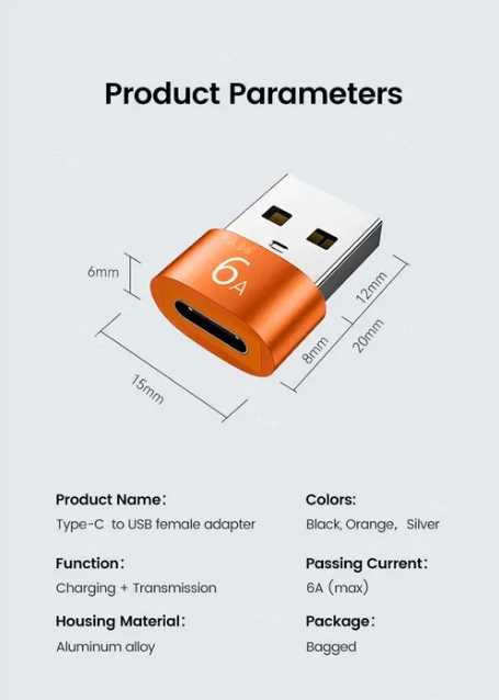 Aдаптер перехідник USB A to Type-C 6A OTG (USB to typeC)