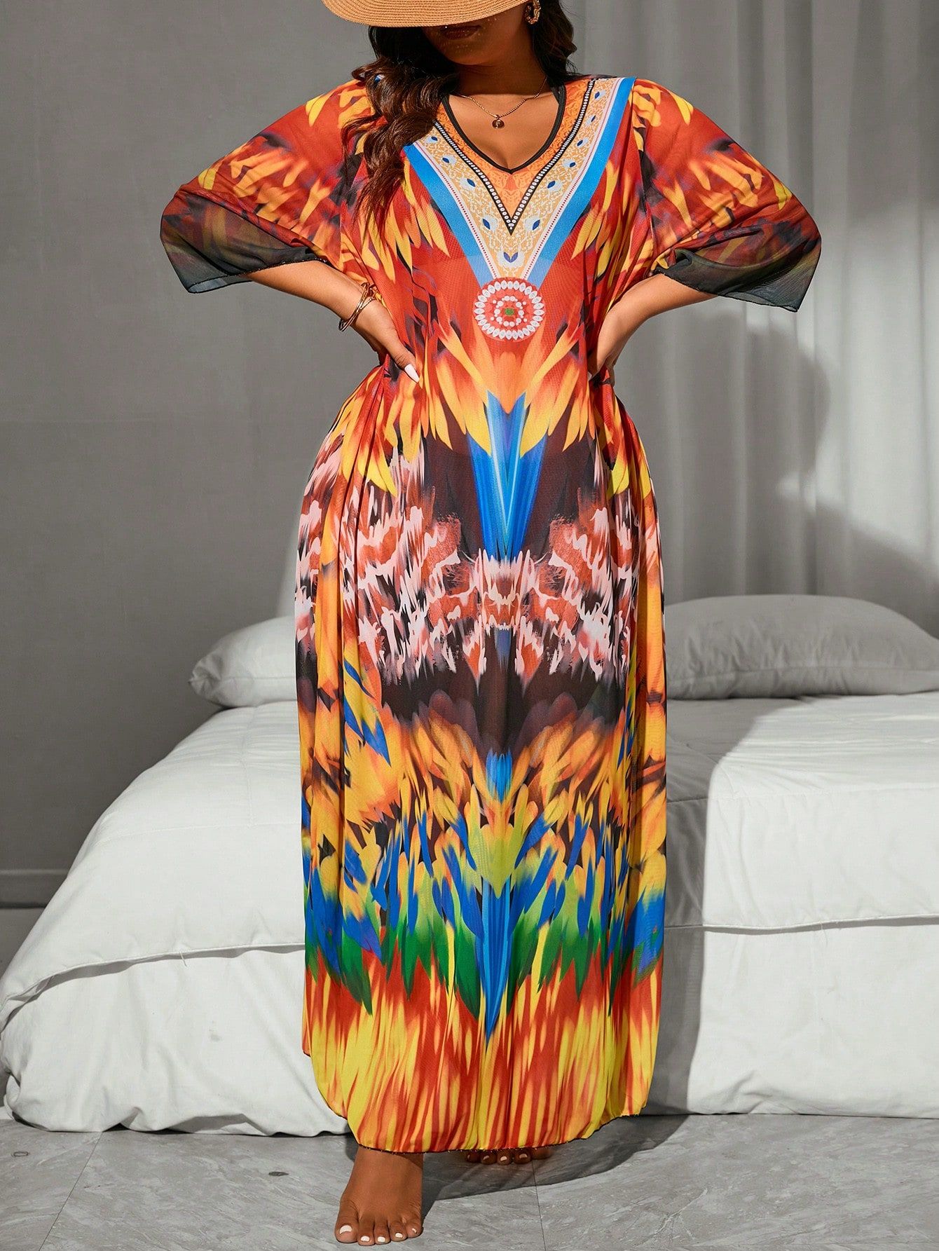 Sukienka Tunika Plażowa Siateczkowa Maxi Tie Dye Casual Shein 5Xl 50
