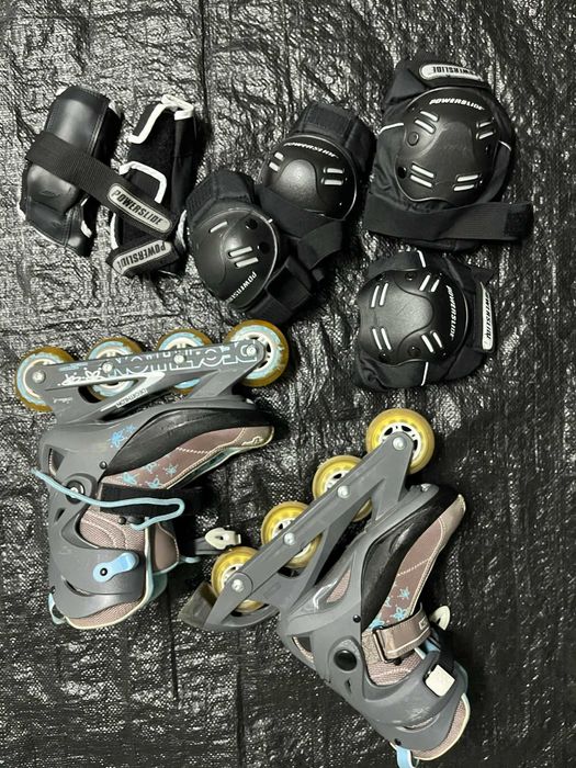 Patins em linha, com proteções e saco para patins