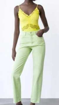 Nowe spodnie zielone limonka Zara jeans dżinsowe długie