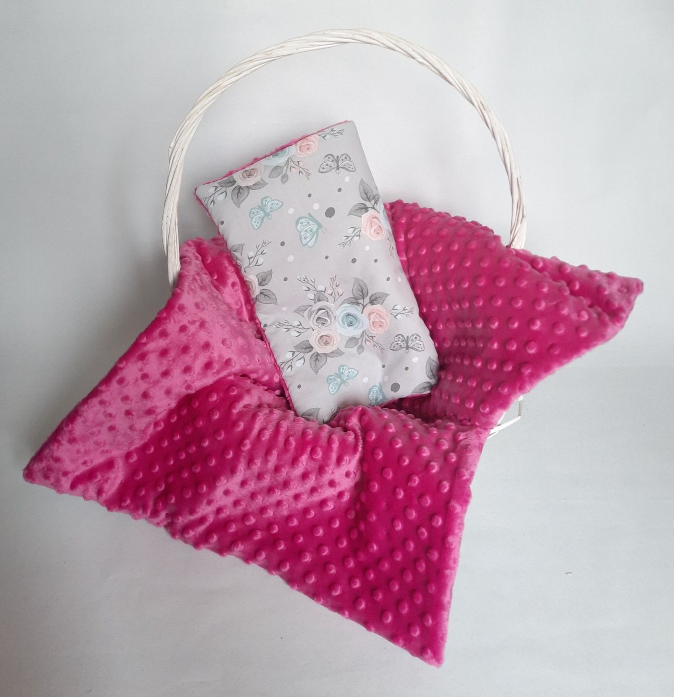 Nowy zestaw Minky kocyk poduszka szary różowy