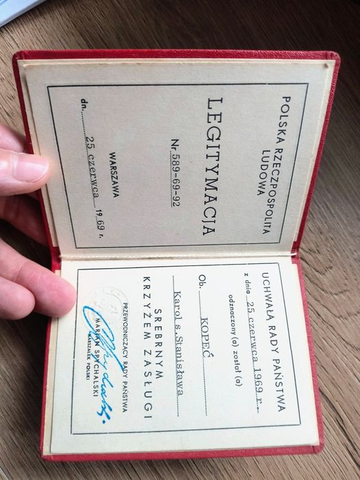 Legitymacja srebrny krzyż zasługi 1969 stara PRL bez medalu
