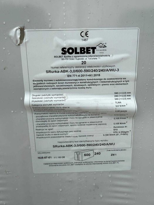 Pustaki SOLBET 600 24x24x59 paleta NOWE