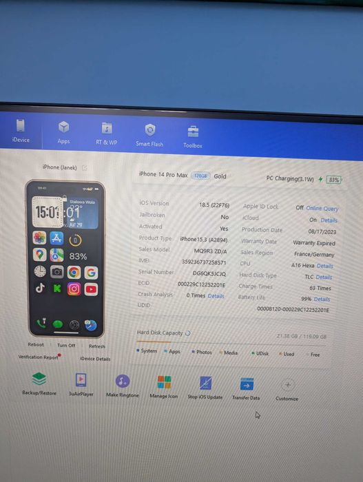Iphone  14 Pro Max Orginalna bateria 100% ma tylko 63 ładowania
