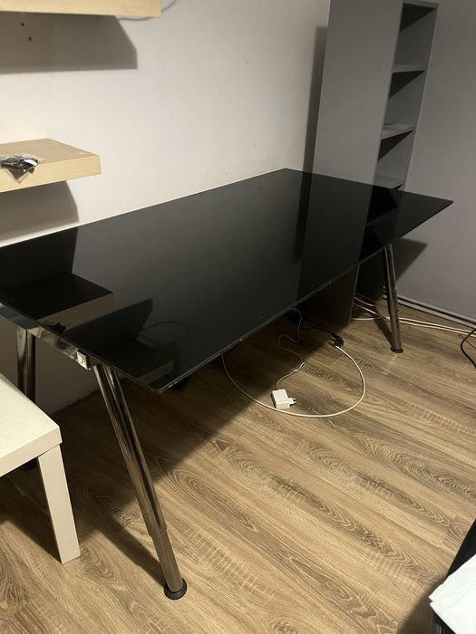 Biurko 160x80 cm - czarne szklo, solidne - gaming praca