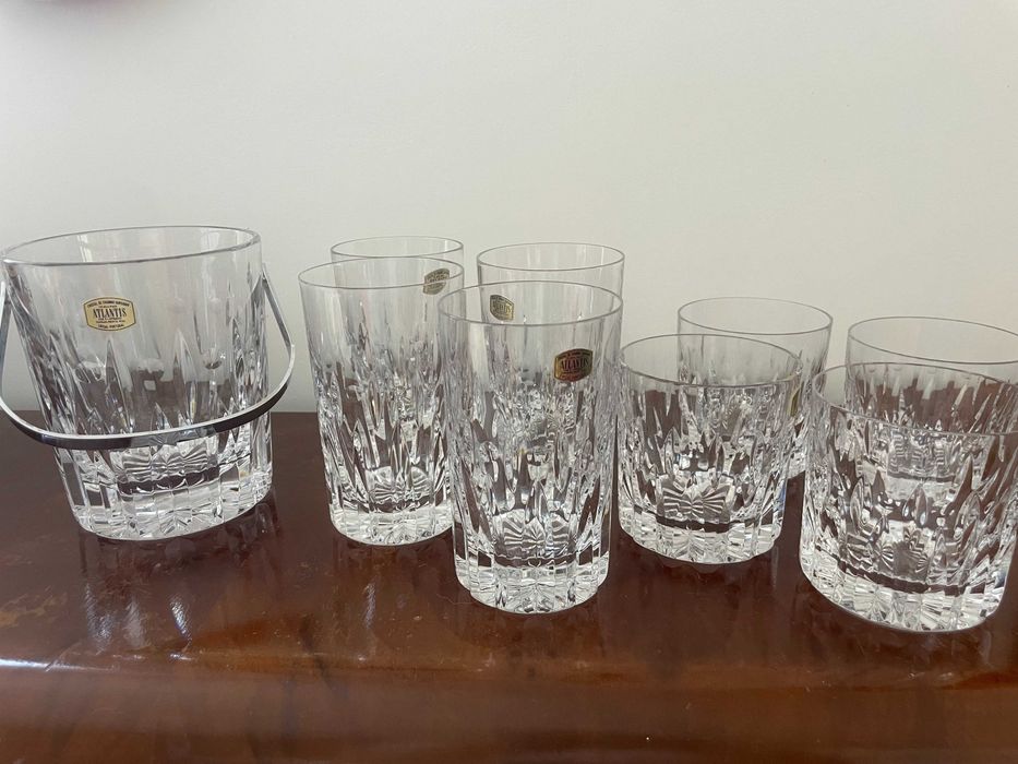 Cristal Atlantis: 4 Whiskey, 4 altos; recipiente para gelo, novos
