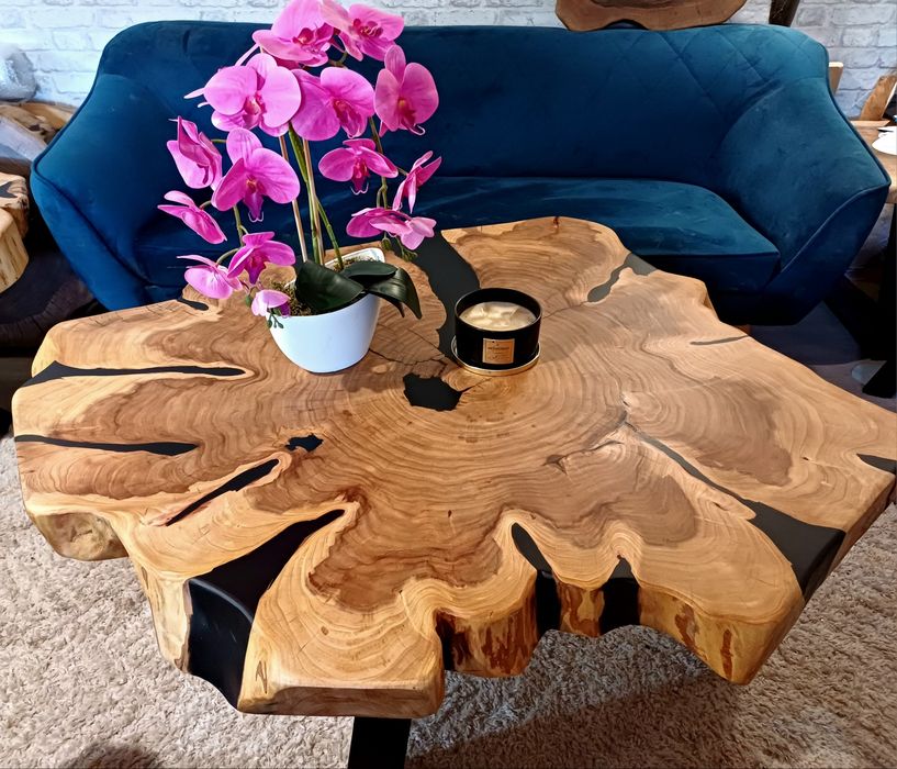 Stolik kawowy 110x100cm PIĘKNY OKAZ LIVE EDGE plaster drewna loft