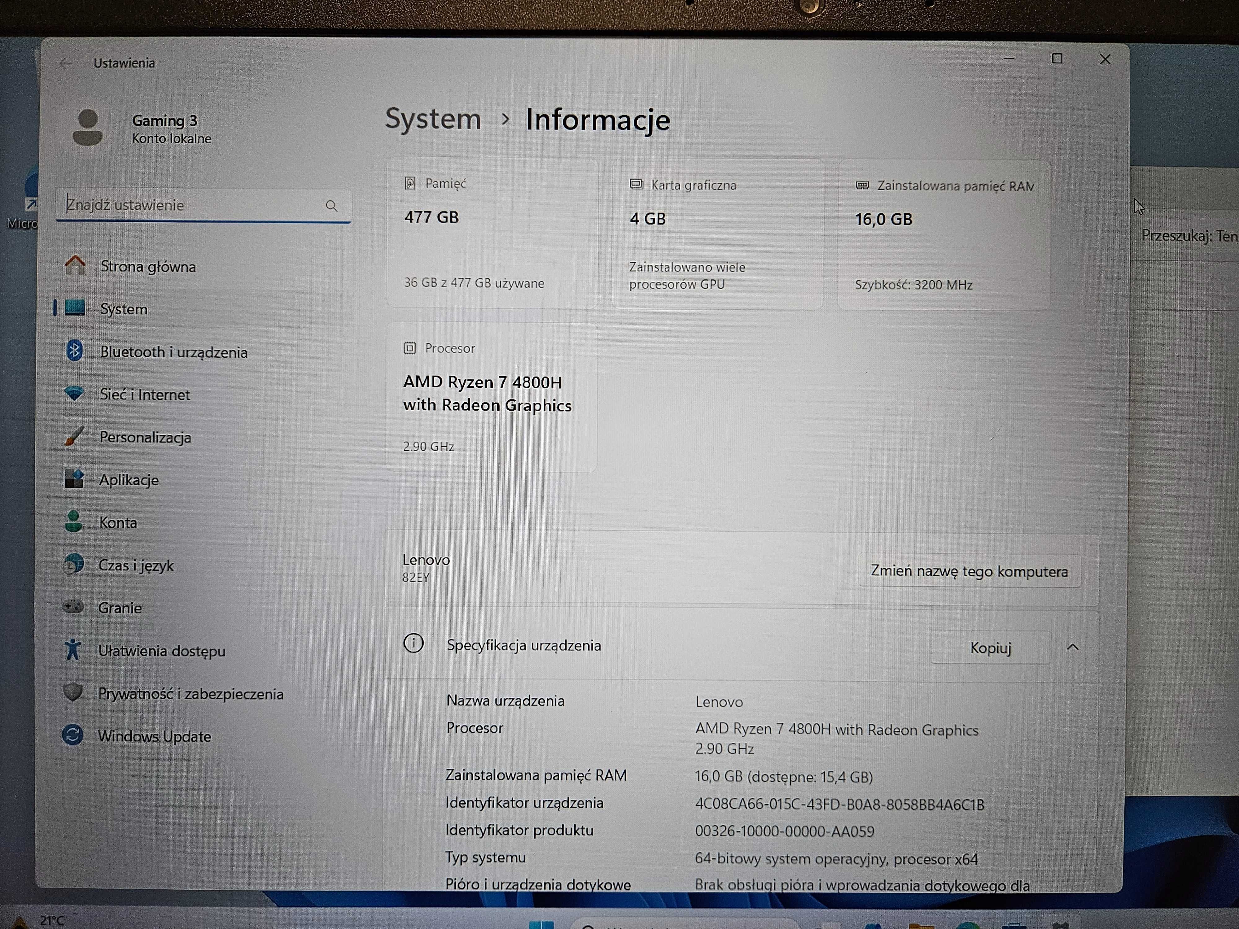 Laptop LENOVO 82EY IdeaPad Gaming 3 / Ryzen 7 4800H / GTX 1650 Ti