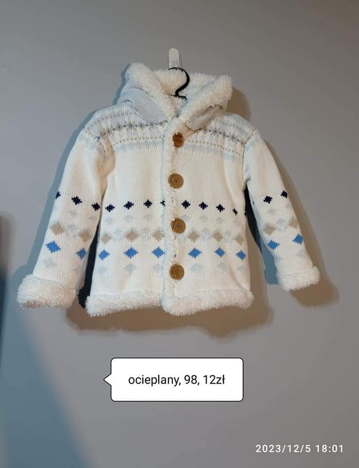 Sweter 98 gruby ocieplany na polarku z kapturem kurtka unisex neutraln