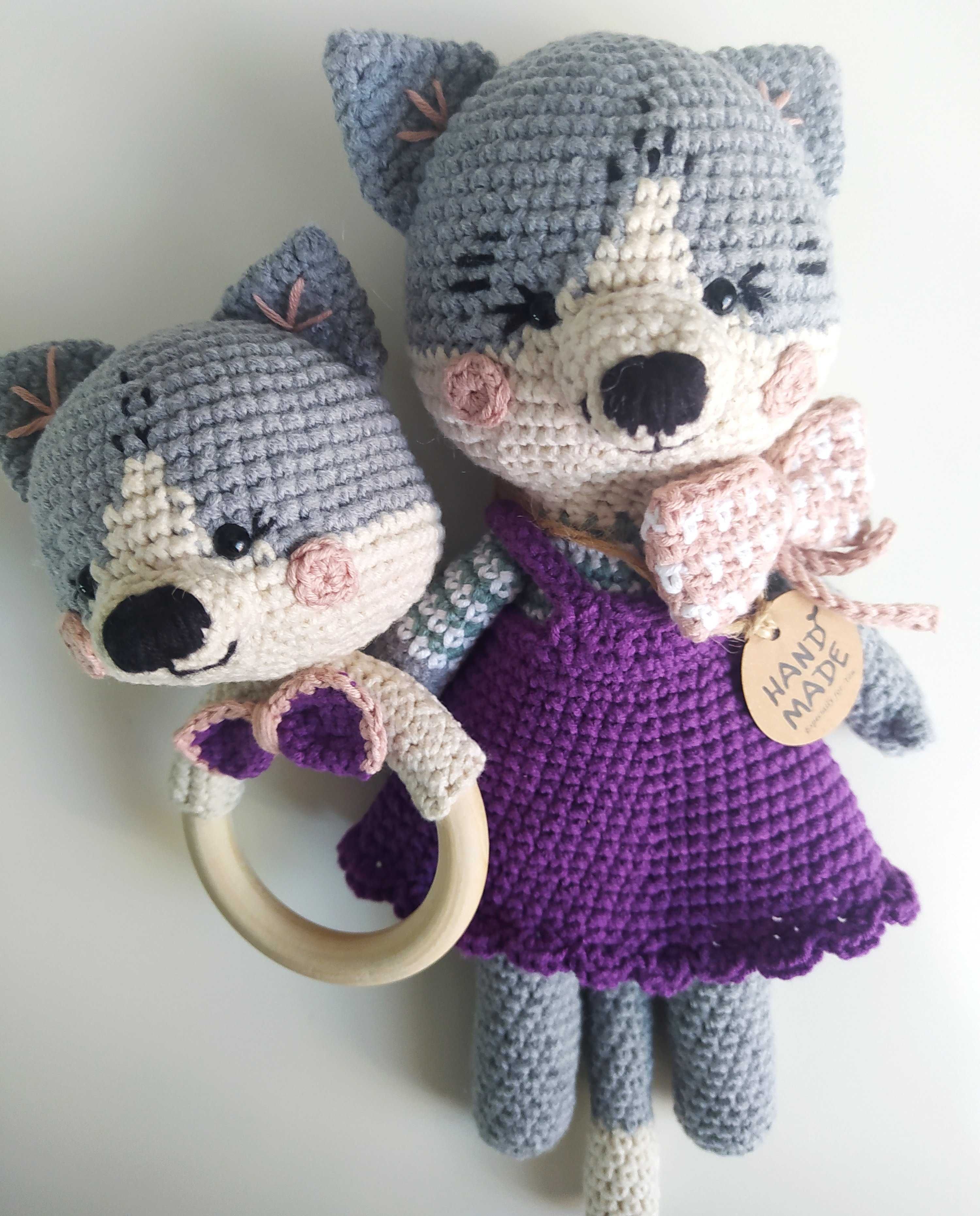 Komplet kotek + chwytacz - rękodzieło amigurumi - prezent