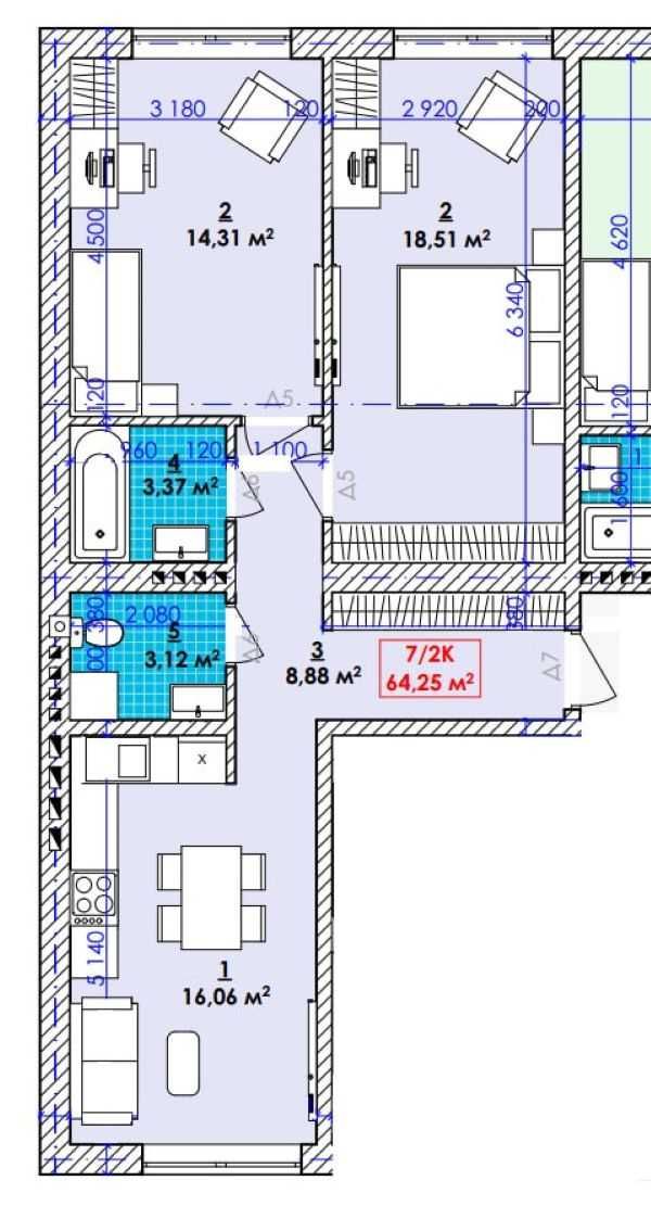 2 кім.квартира в ЖК Акварель , площа 64.25 м.кв