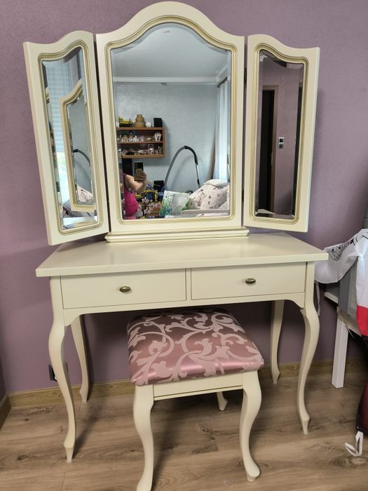 Toaletka kosmetyczna z lustrem i taboretem naturalne lite drewno