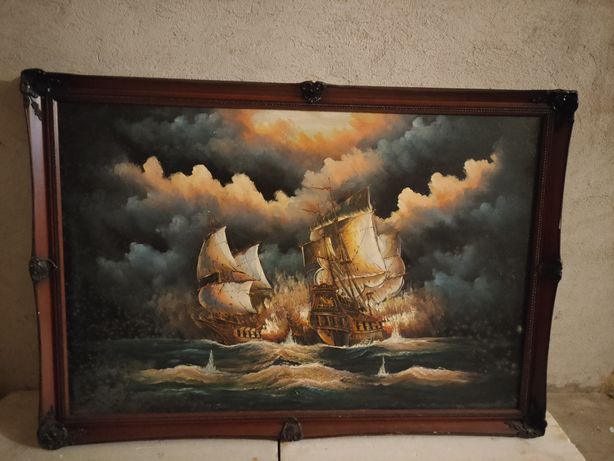 Piękny obraz malowany na płótnie statki na sztormie.