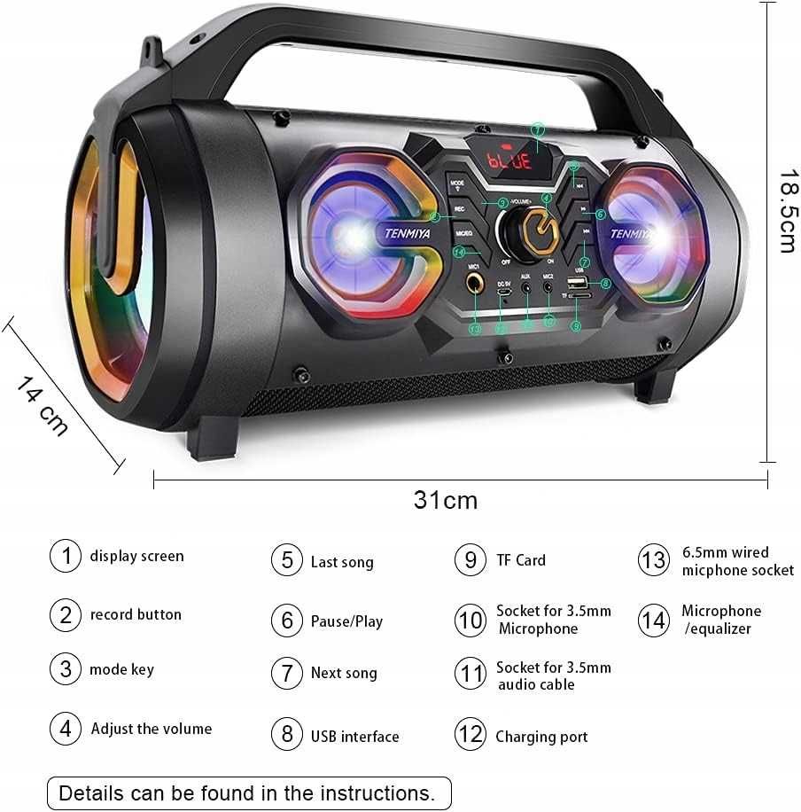 TENMIYA A66 przenośny głośnik Bluetooth 30W z EQ, LED i radiem FM