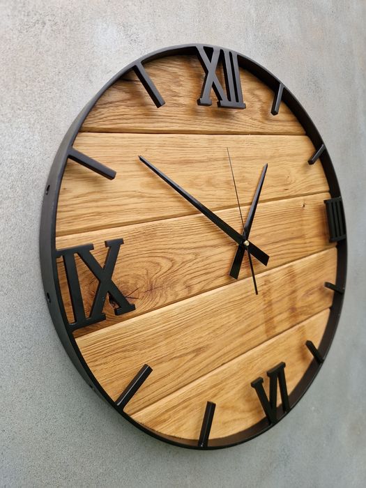 Zegar ścienny loft Dębowy 50cm stalowy drewniany rękodzieło salon duży