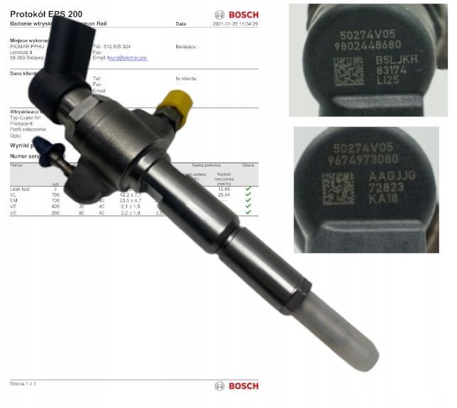 WTRYSKIWACZ 1.6 E-HDI 9802448680 9674973080 50274V05 test gwarancja