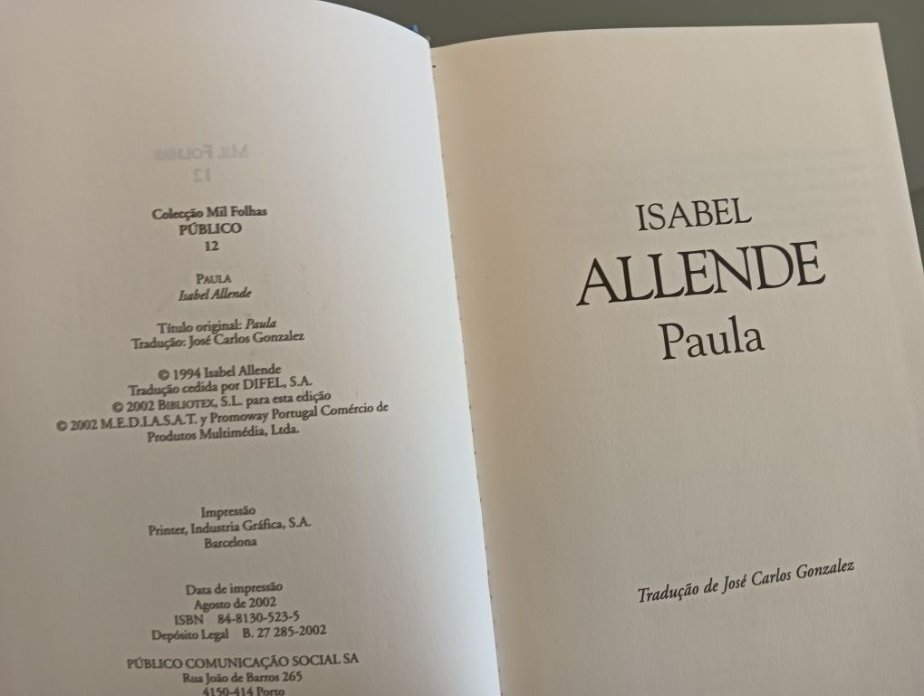 Paula , de Isabel Allende ; Coleção de Livros “ Mil Folhas“ Novo!