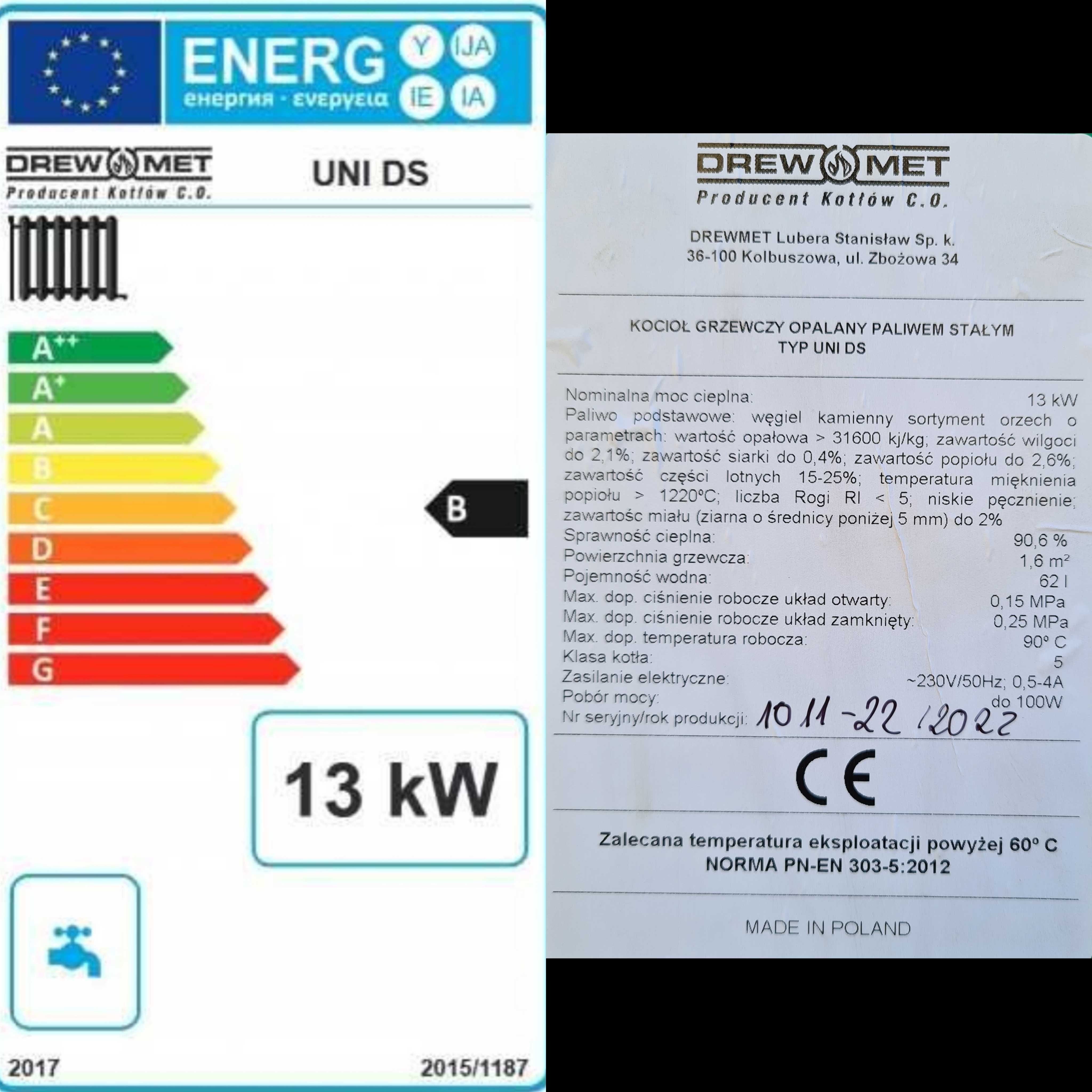 Kocioł Drew Met UNI DS 13 kW węgiel 5 klasa eco design