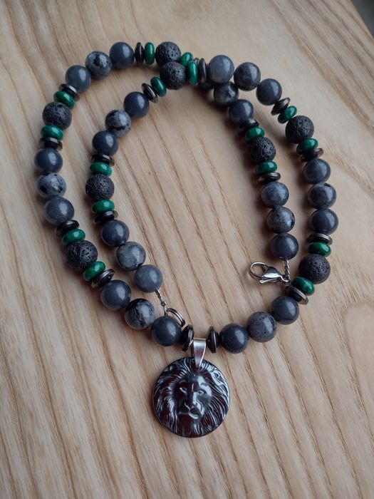 naszyjnik męski 54cm kamienie + 3cm wisior LEW hematyt