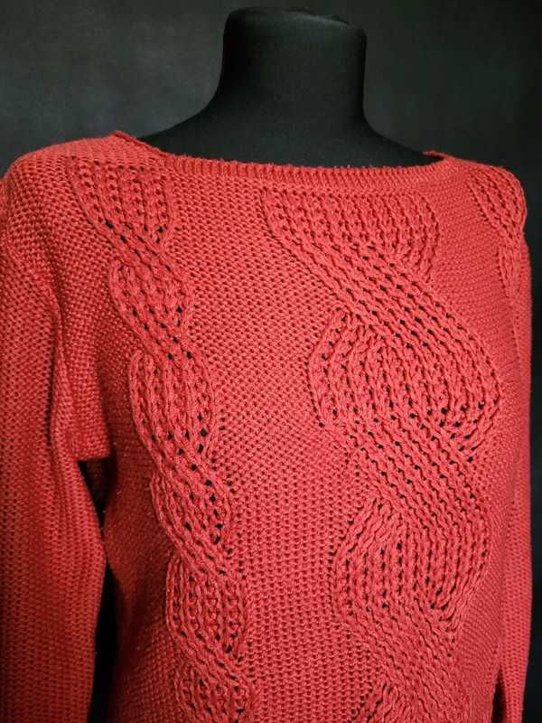 pomarańczowy rudy cegalny sweter z wzorem warkocza S 36