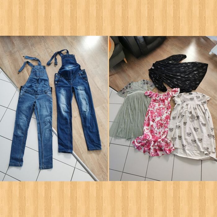 Paka ubrań, ubrania ciążowe spodnie ogrodniczki bluzki sukienki