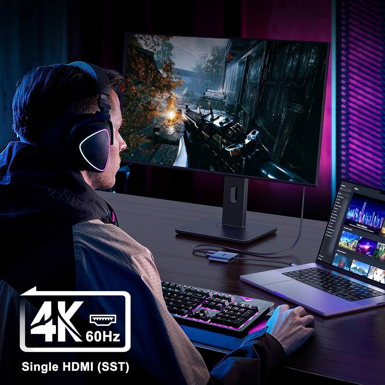 Адаптер USB C на два HDMI 4Kа60hz, розгалужувач типу C на HDMI для ро