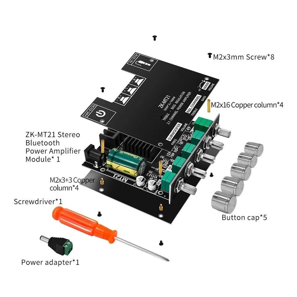 Усилитель Bluetooth 5.0,сабвуфер 2*50 Вт+100Вт.AUX,USB. ZK-MT21. -TB21