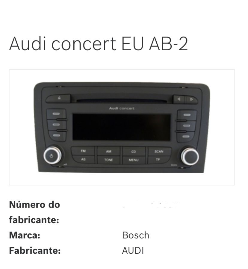 Rádio Audi concert c/ leitor de cd’s e c/ código