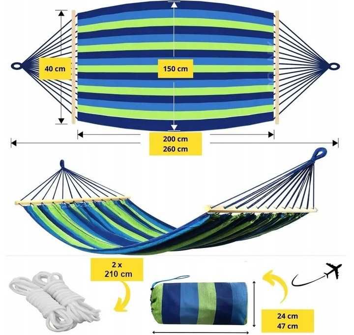 HAMAK OGRODOWY DWUOSOBOWY XXL 260x150 2 osobowy turystyczny z drążkiem