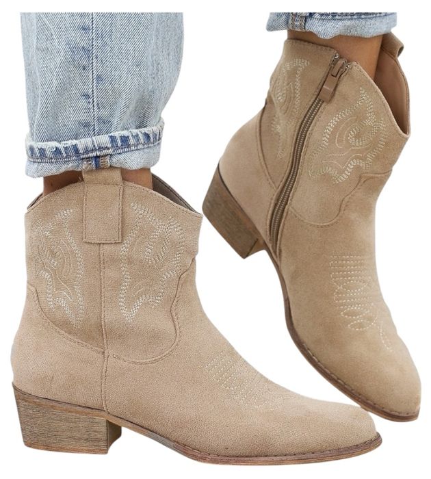 Botki kowbojki damskie z haftem beżowe 38 Freja lekkie modne