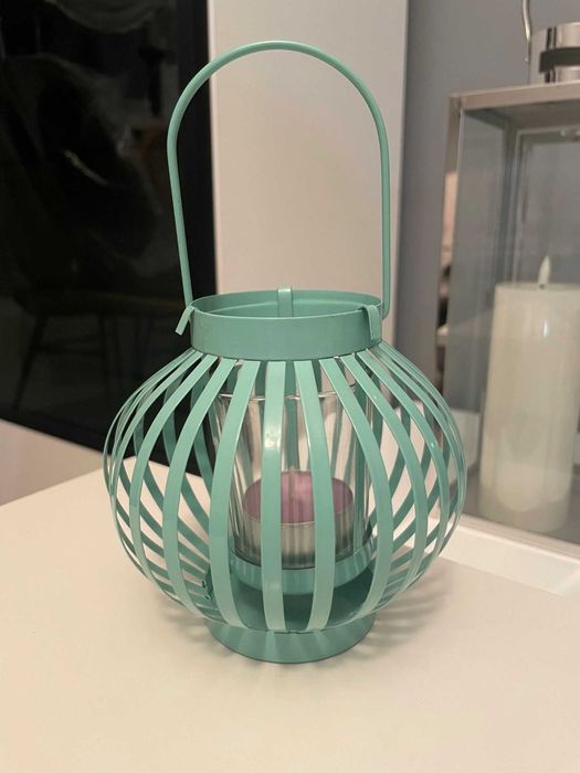Świecznik lampion miętowy ażurowy