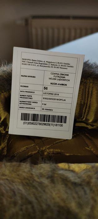 Wojskowa czapka zimowa, nowa, rozmiar 56