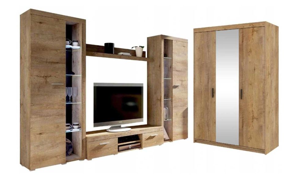 Meblościanka + Szafa Lustro  Dąb Lefkas / Biała / Dąb Sonoma