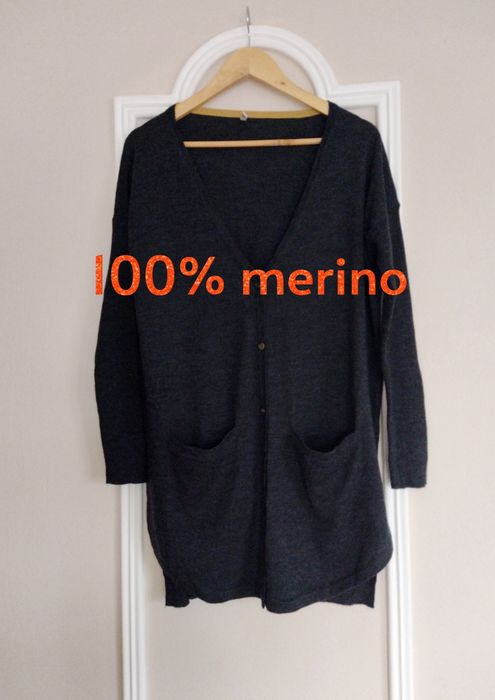Sweter damski długi kardigan szary XL XXL merino woll wełniany