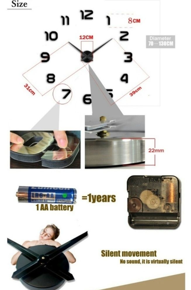 Большие
Часы настенные 3d арабские/полосы Diy Clock от 70 до 130 см