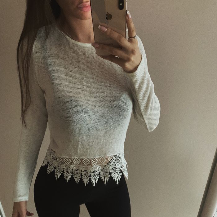 biały sweterek crop top sweter pleciony koronka dzianina bluzka top