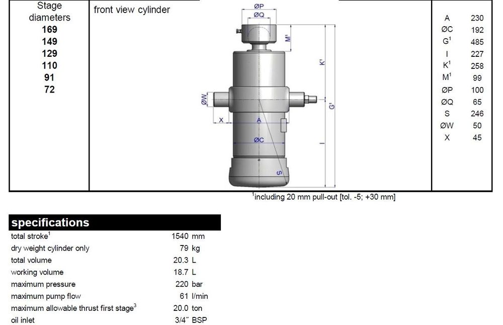Siłownik kipra udźwig-20ton skok-1540mm 6sekcji KULA