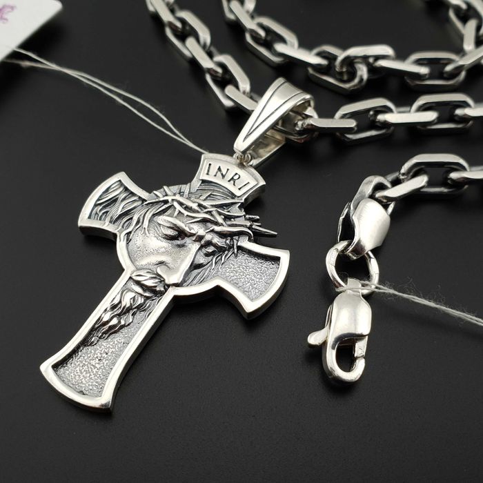 Чоловіча срібна цепочка з хрестиком якірне плетіння. комплект 925 проб