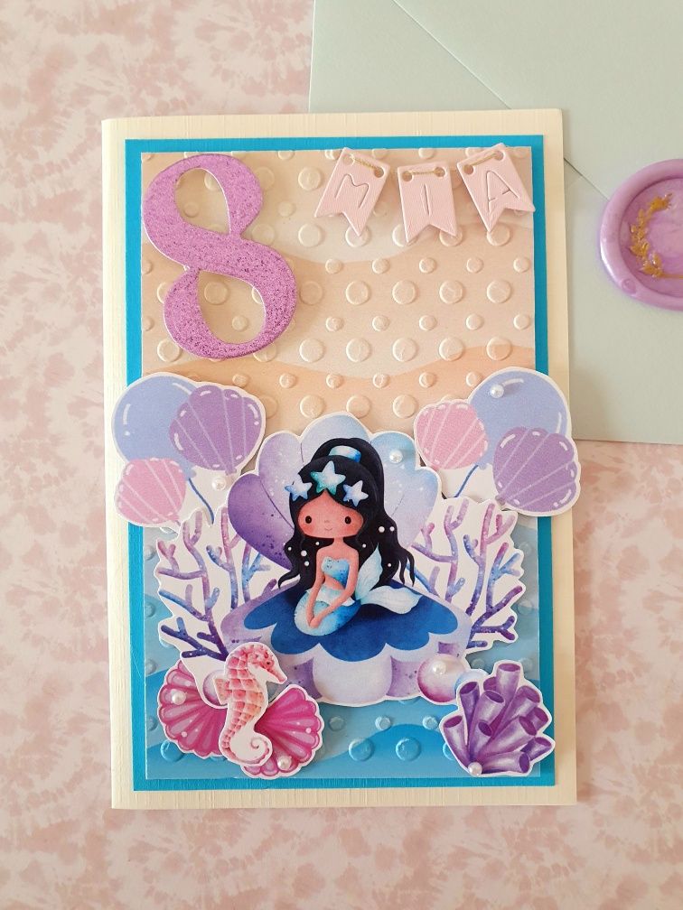 Kartka urodzinowa dla dziewczynki diy scrapbooking z syrenką