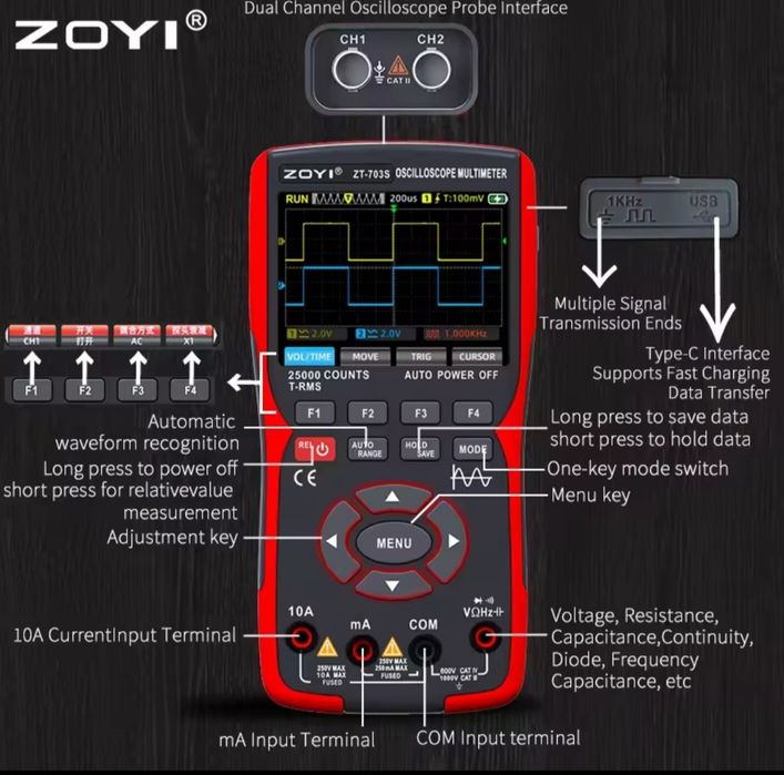 Повний комплект Zoyi ZT-703S двоканальний осцилограф, генератор 3-в-1