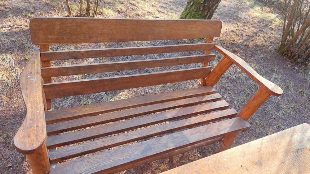 Zestaw tarasowy ogrodowy dębowy stół ławy - sofy fotele