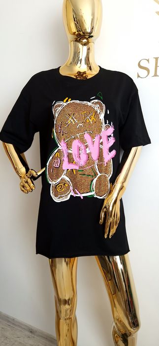 Bawełniany T-Shirt z Aplikacją Cyrkonie dżety miś love M L 38 40 Mint