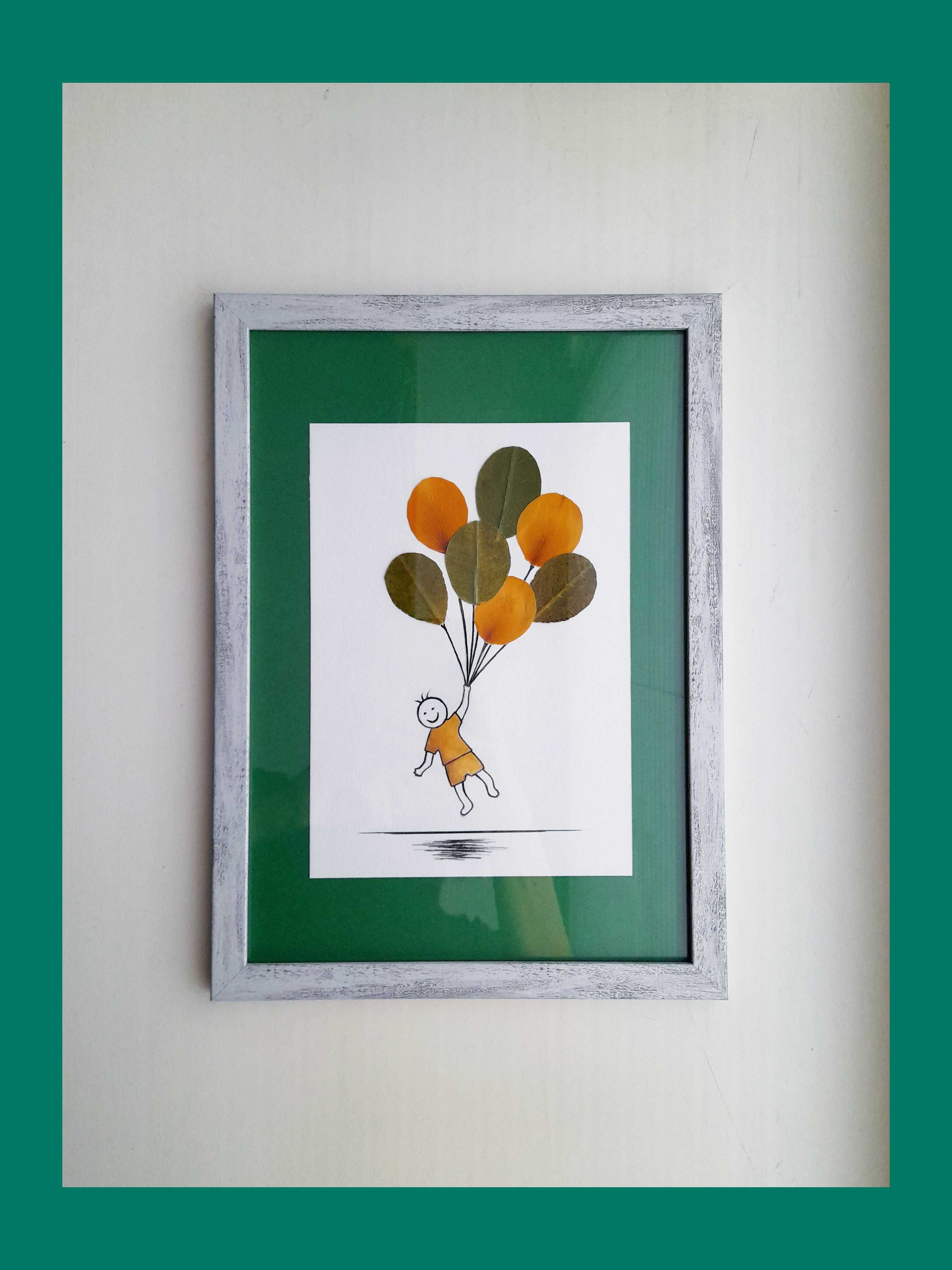 Картина, гербарий, листья, воздушные шары.