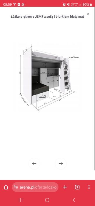 Łóżko piętrowe z biurkiem i sofą.