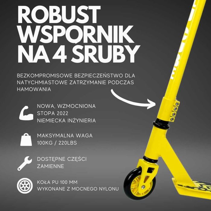 Hulajnoga wyczynowa lekka 360° 2-kołowa żółta